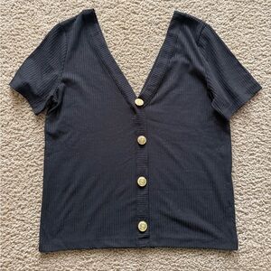 Zara Black Ribbed Button-Down Shirt with Gold Accents